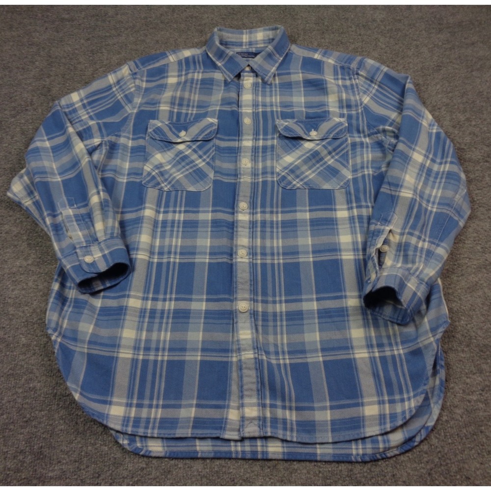 Polo Ralph Lauren Shirt Mens L Blue Plaid Twill Workshirt Button Up Pockets